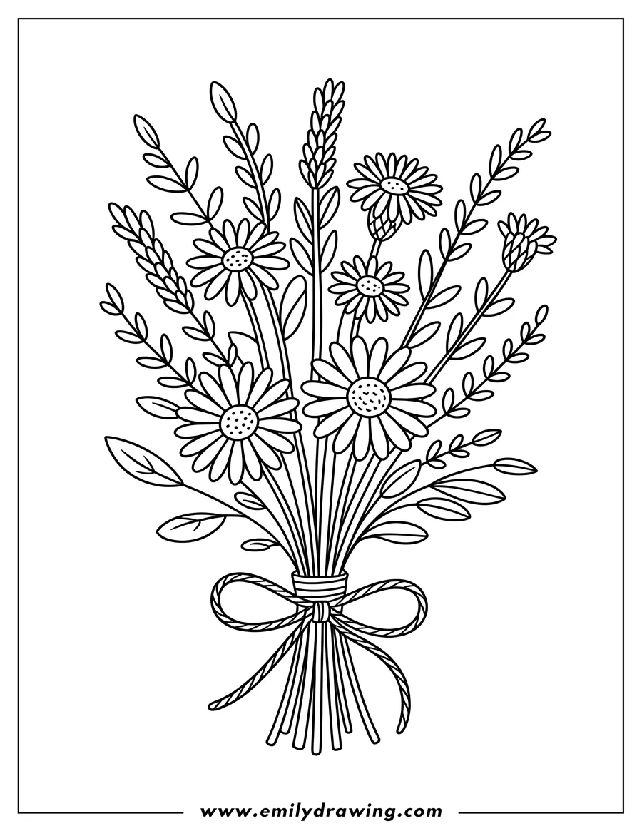 Outline of a bouquet of daisies and lavender tied with a ribbon.