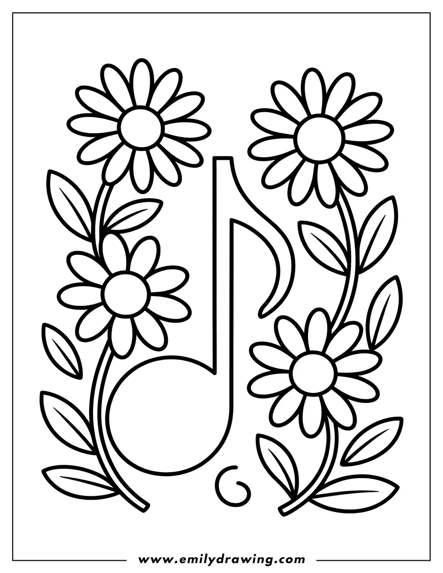 Outline of daisies surrounding a music note.
