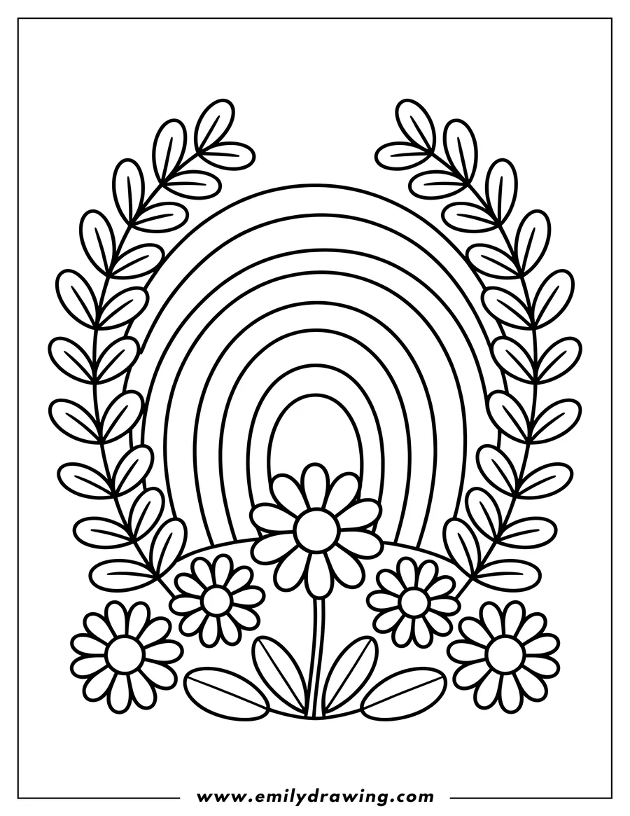Outline of daisies in front of a rainbow, framed by simple leaves.