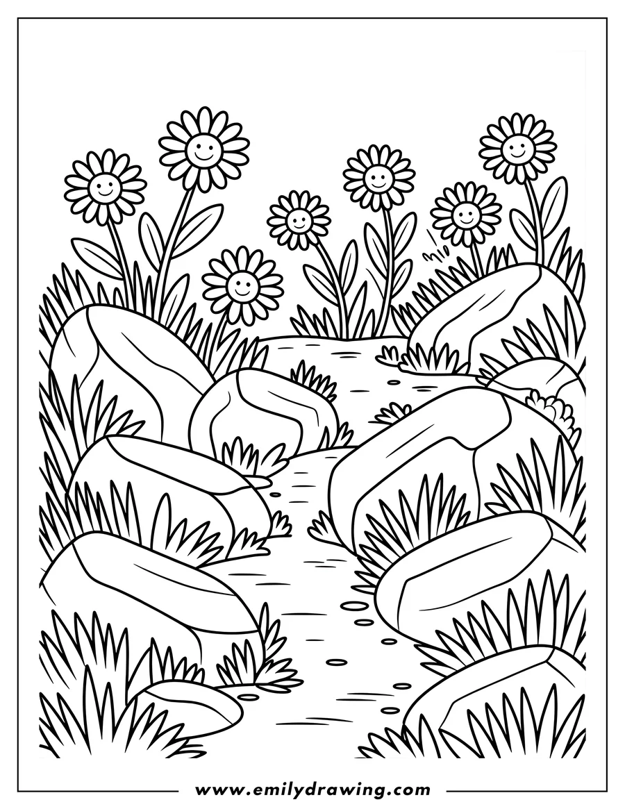 Outline of daisies growing near rocks and grass along a path.