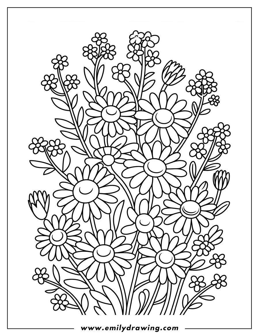 Outline of several daisies and smaller flowers with stems and leaves.