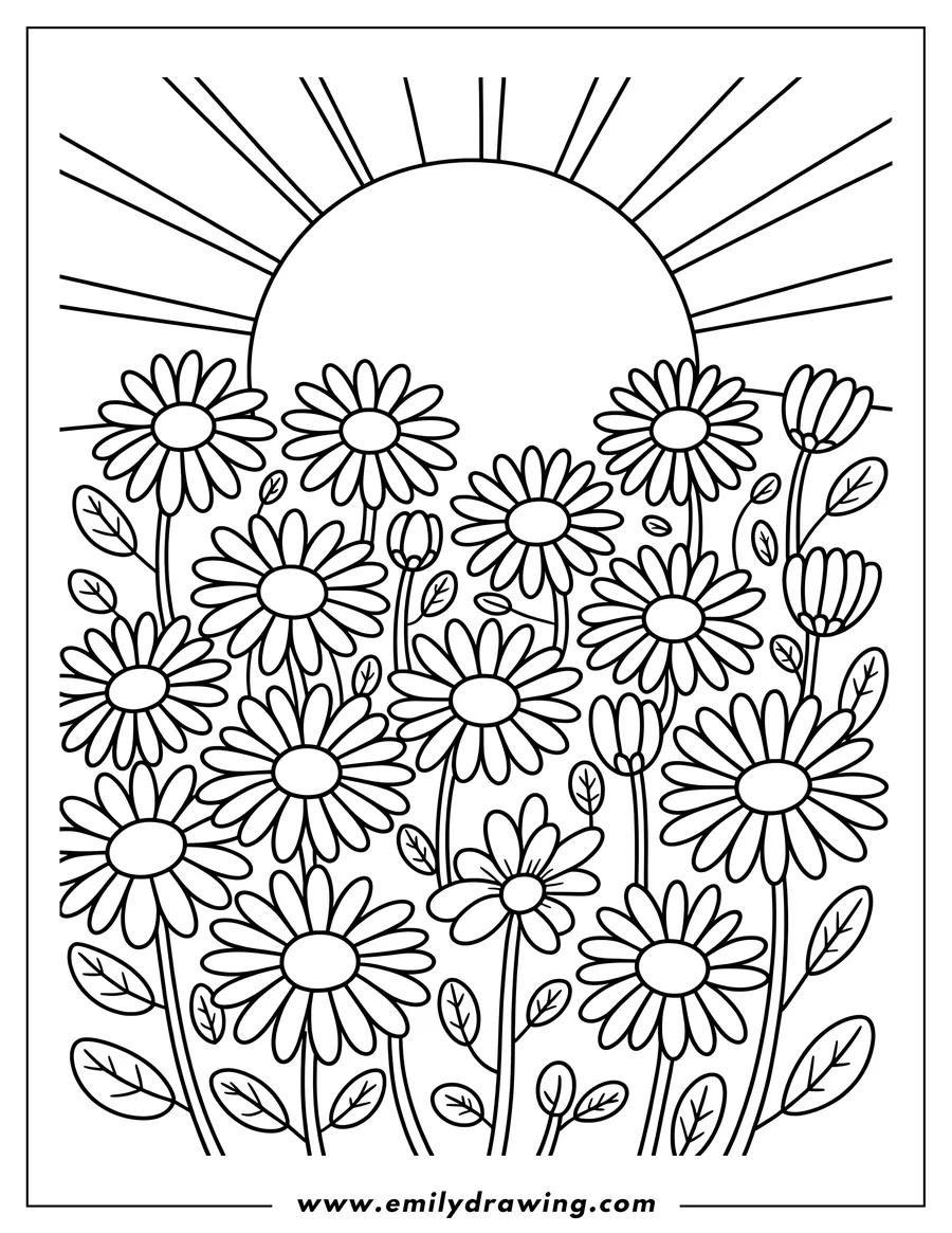 Outline of daisies with a large sun shining behind them.