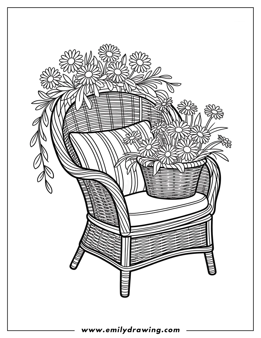 Line art of daisies on a wicker chair. One bouquet sits in a basket on the chair, while others drape over the back.