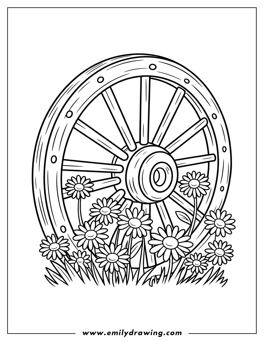 Outline of daisies growing in front of a wooden wagon wheel.