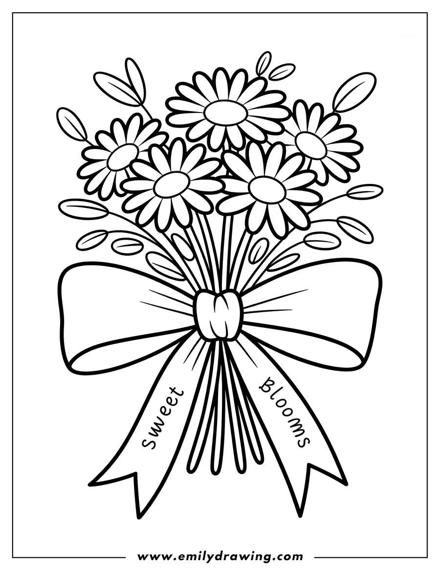 Outline of a bouquet of daisies tied with a ribbon.