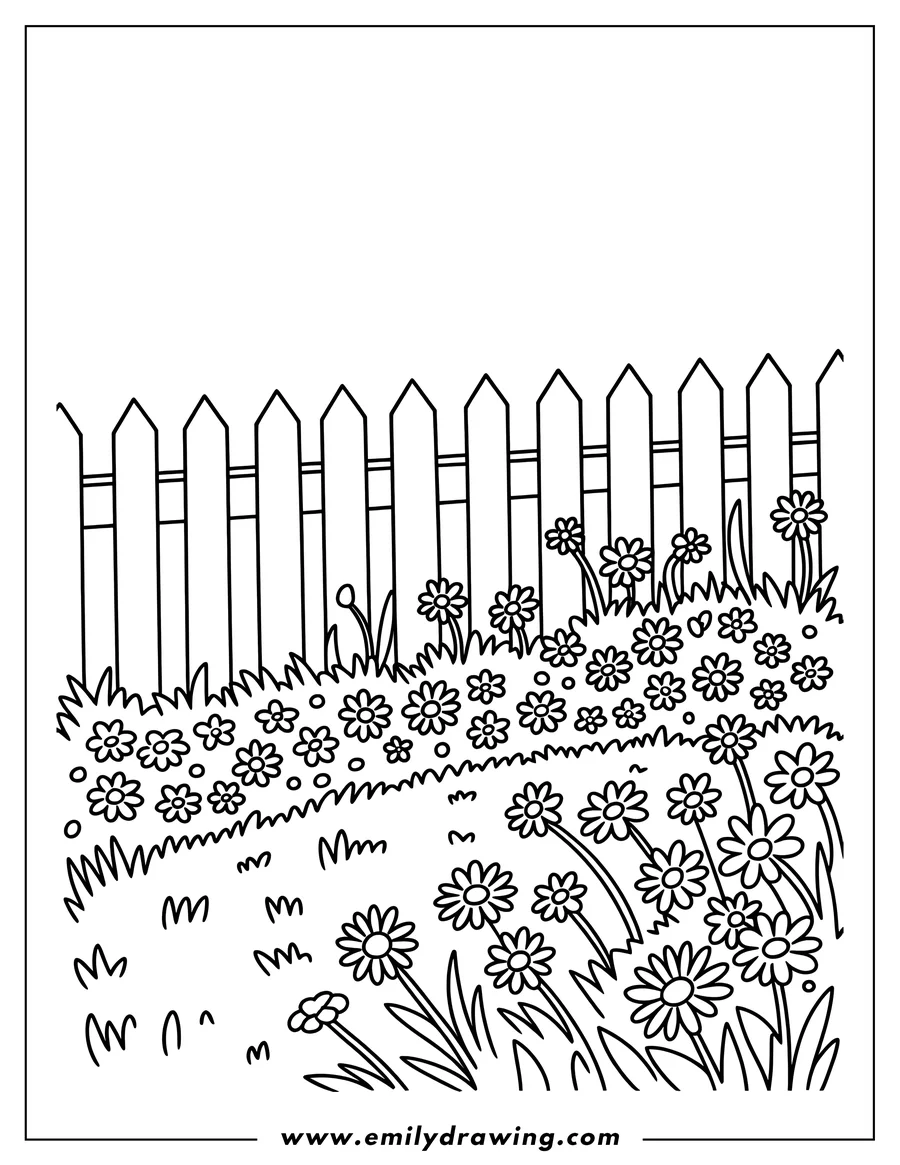Outline of daisies growing in front of a wooden picket fence.