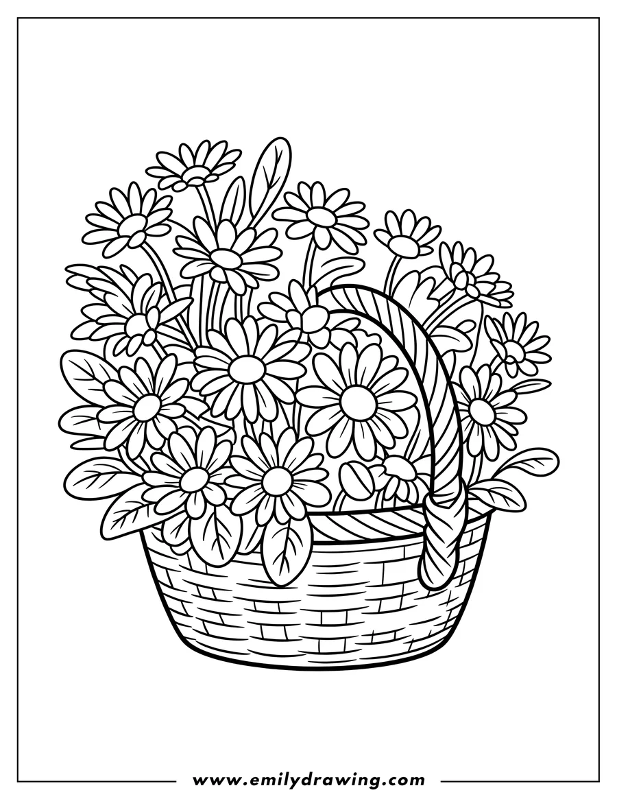 Outline of daisies in a woven basket. Perfect for a spring or summer coloring activity.