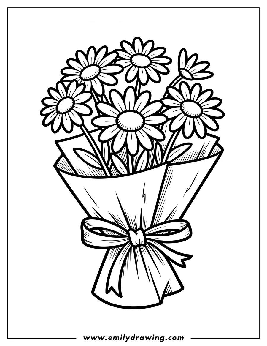 Outline of a bouquet of daisies tied with a ribbon.