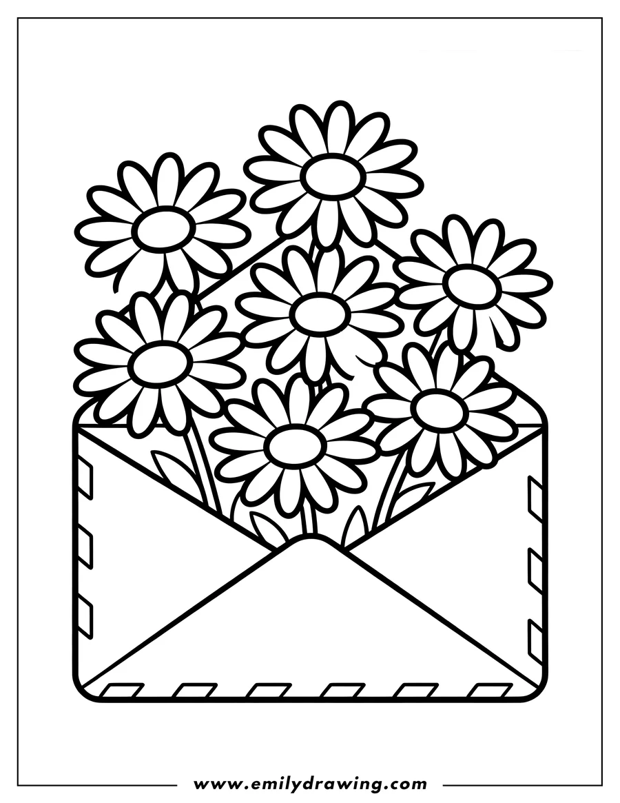 Outline of daisies in an open envelope.