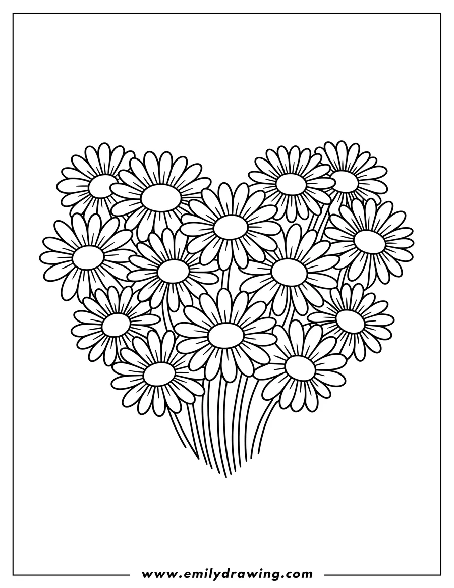 Outline of daisies arranged in the shape of a heart.