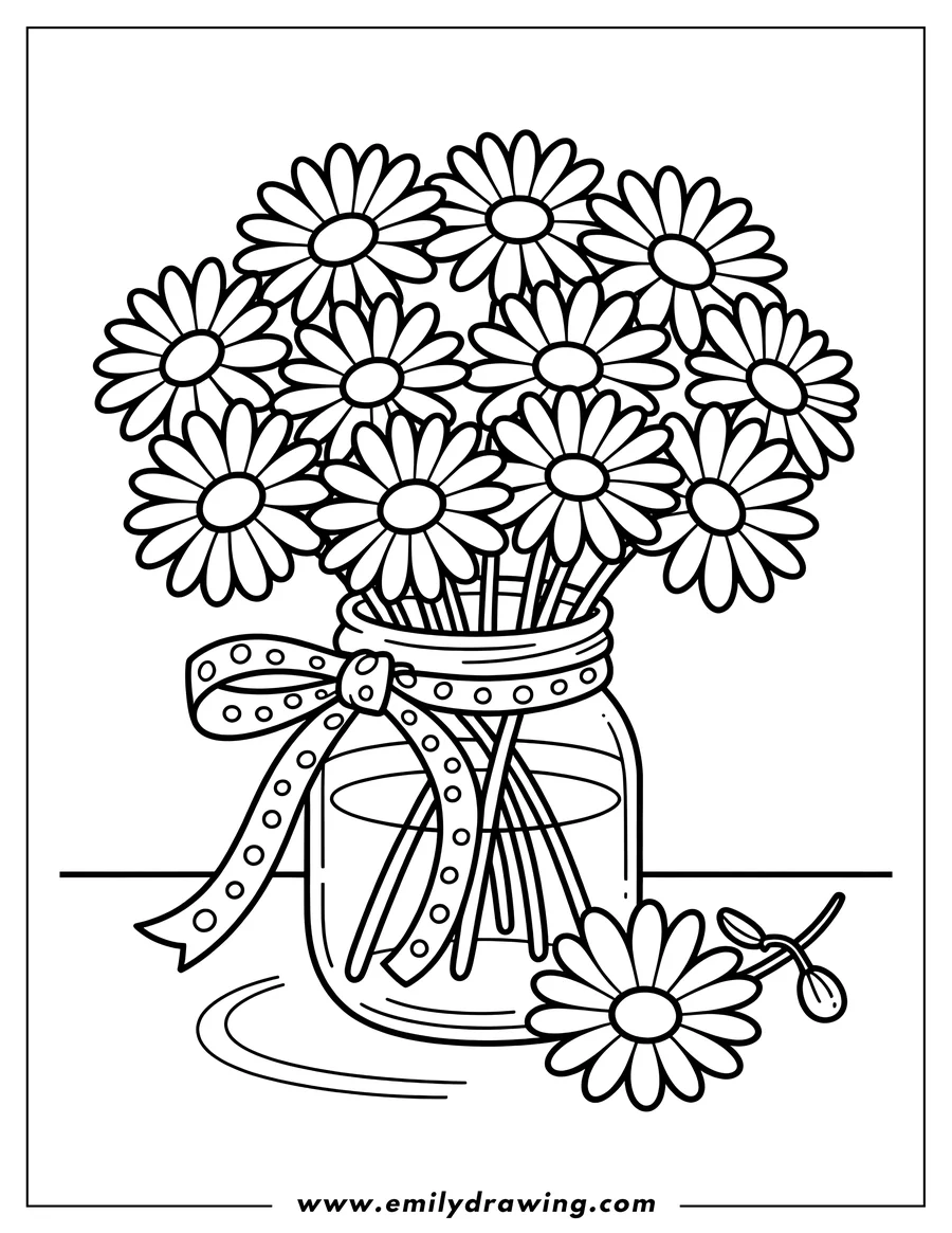 Outline of daisies in a jar with a polka dot bow. A single daisy lies beside the jar.