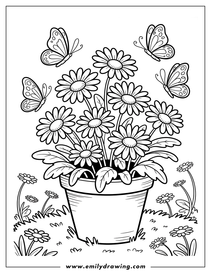 Outline of daisies in a terra cotta pot with butterflies fluttering around. Smaller daisies grow in the grass at the base of the pot.