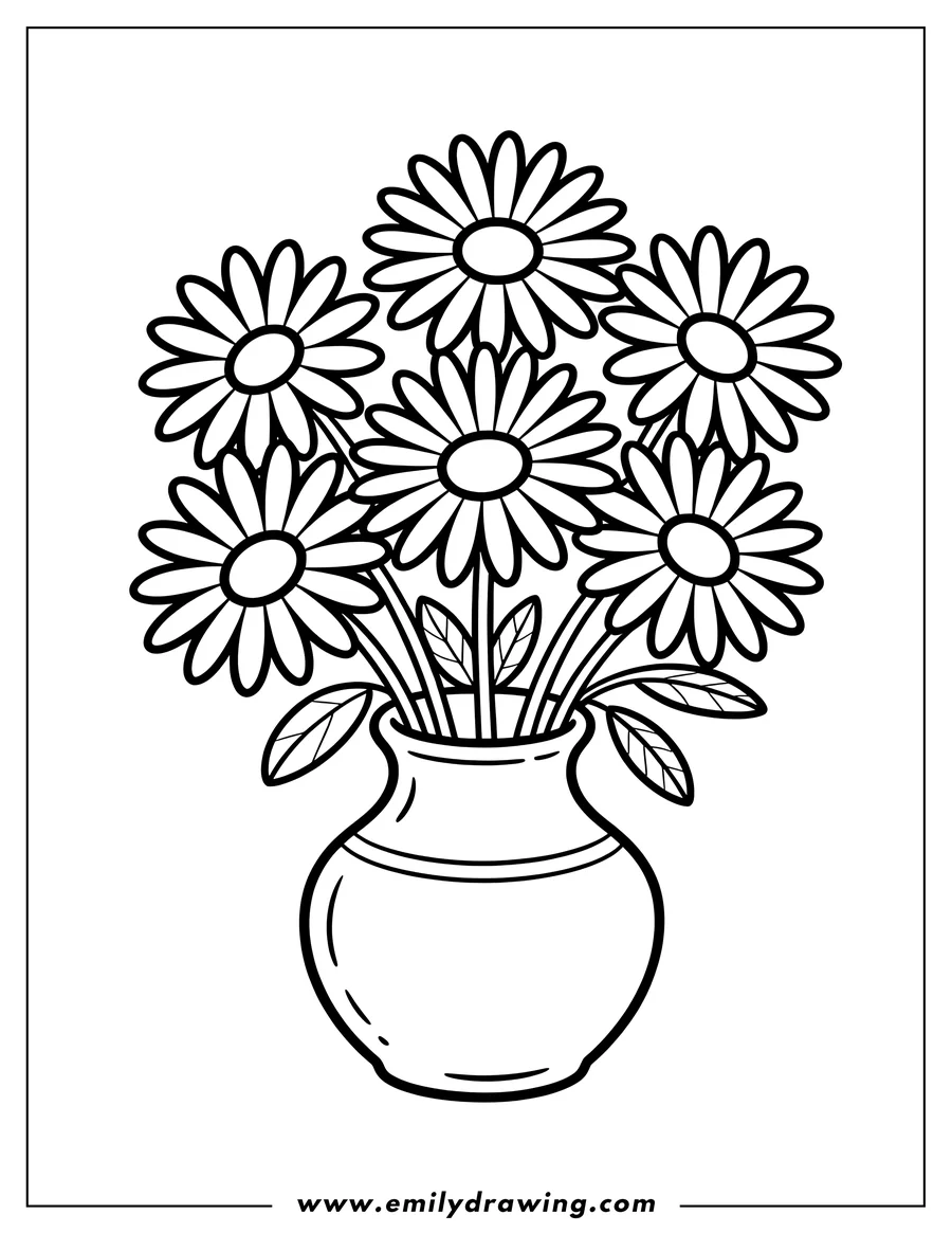 Line art of daisies in a vase.  Perfect for a simple floral coloring activity.