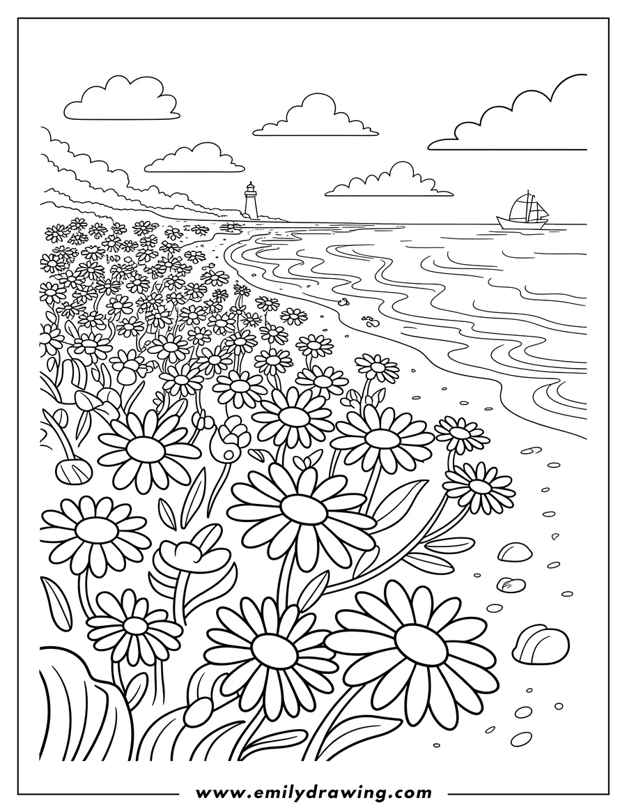 Line art illustration of numerous daisies along a sandy beach with a lighthouse in the background. A sailboat is visible on the water, and puffy clouds float in the sky.
