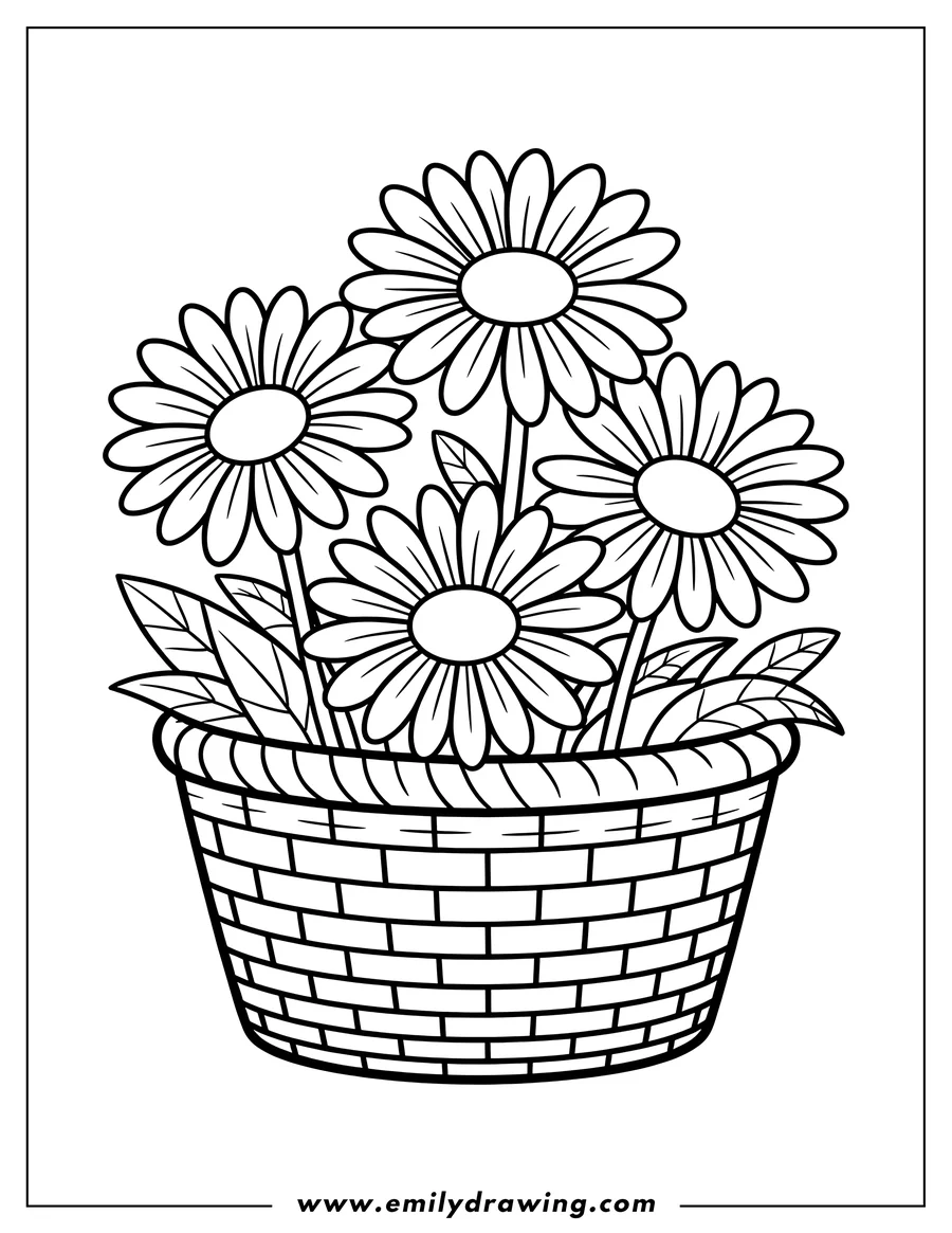 Outline of three daisies with leaves arranged in a woven wicker basket.