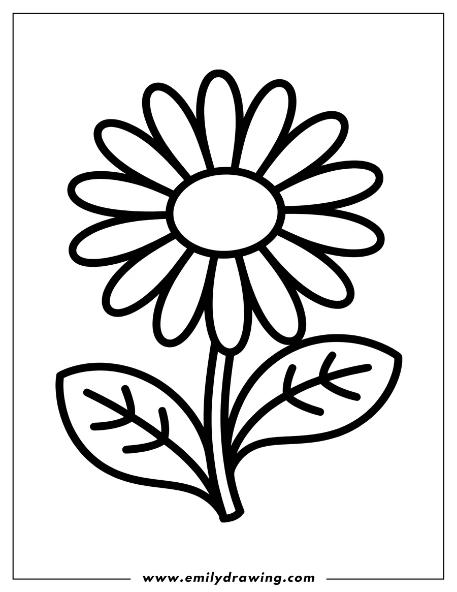 Line art of a simple daisy with two leaves and a large center.