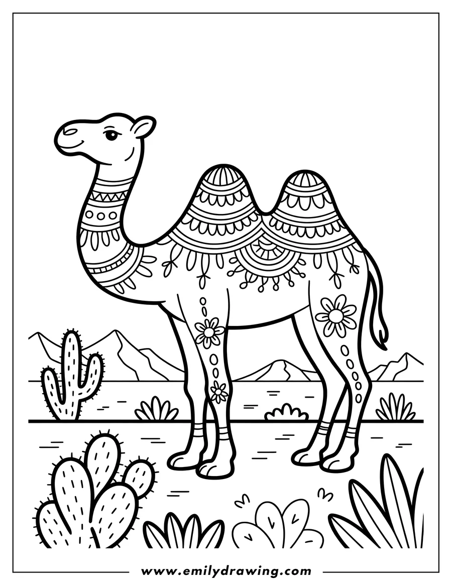 Line art of a camel decorated with patterns, standing in a desert landscape with cacti and mountains.