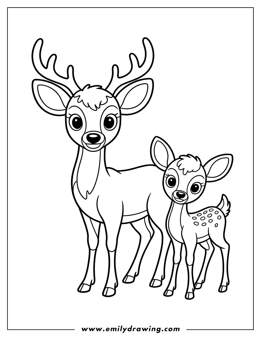 Line art of a mother deer and her spotted fawn.