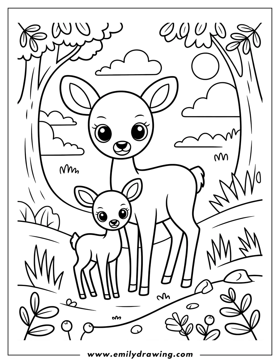 Outline of a deer and fawn standing in a forest clearing with trees, plants, and clouds in the background.