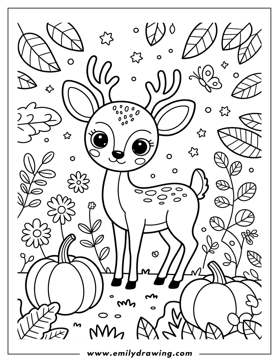 Line art of a young deer standing near two pumpkins, surrounded by leaves, flowers, and a butterfly.