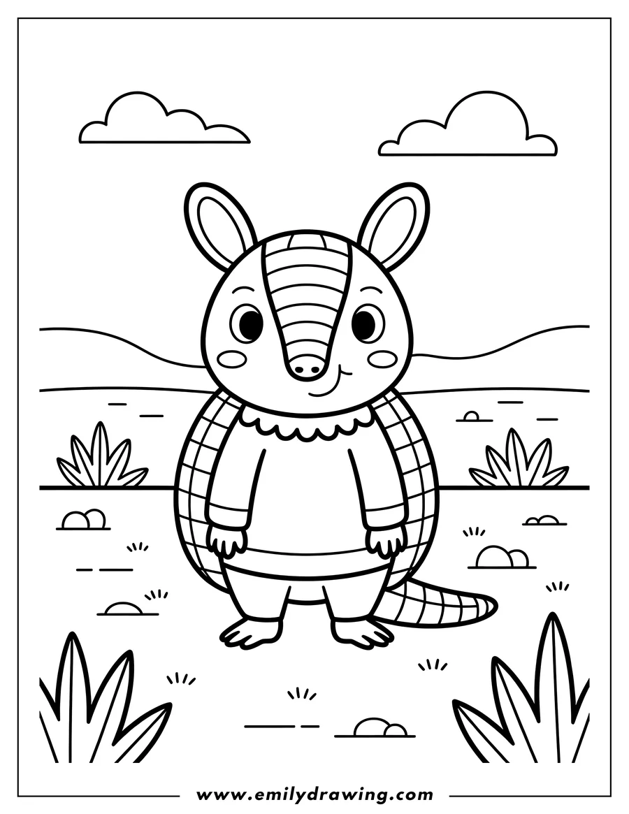 Outline of an armadillo standing in the desert landscape.