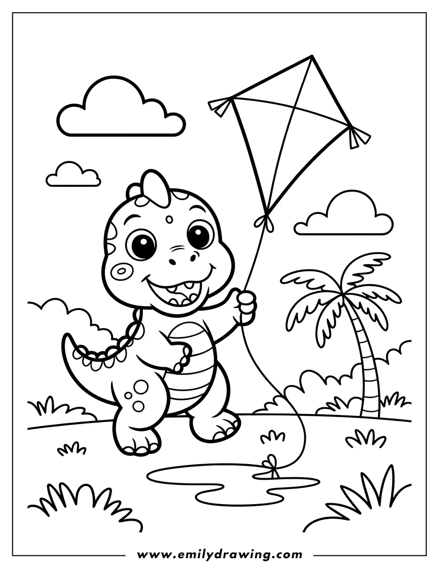 Line art of a smiling dinosaur flying a kite near a palm tree.