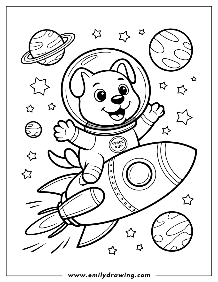 Outline of a dog astronaut riding a rocket through space, surrounded by stars and planets.