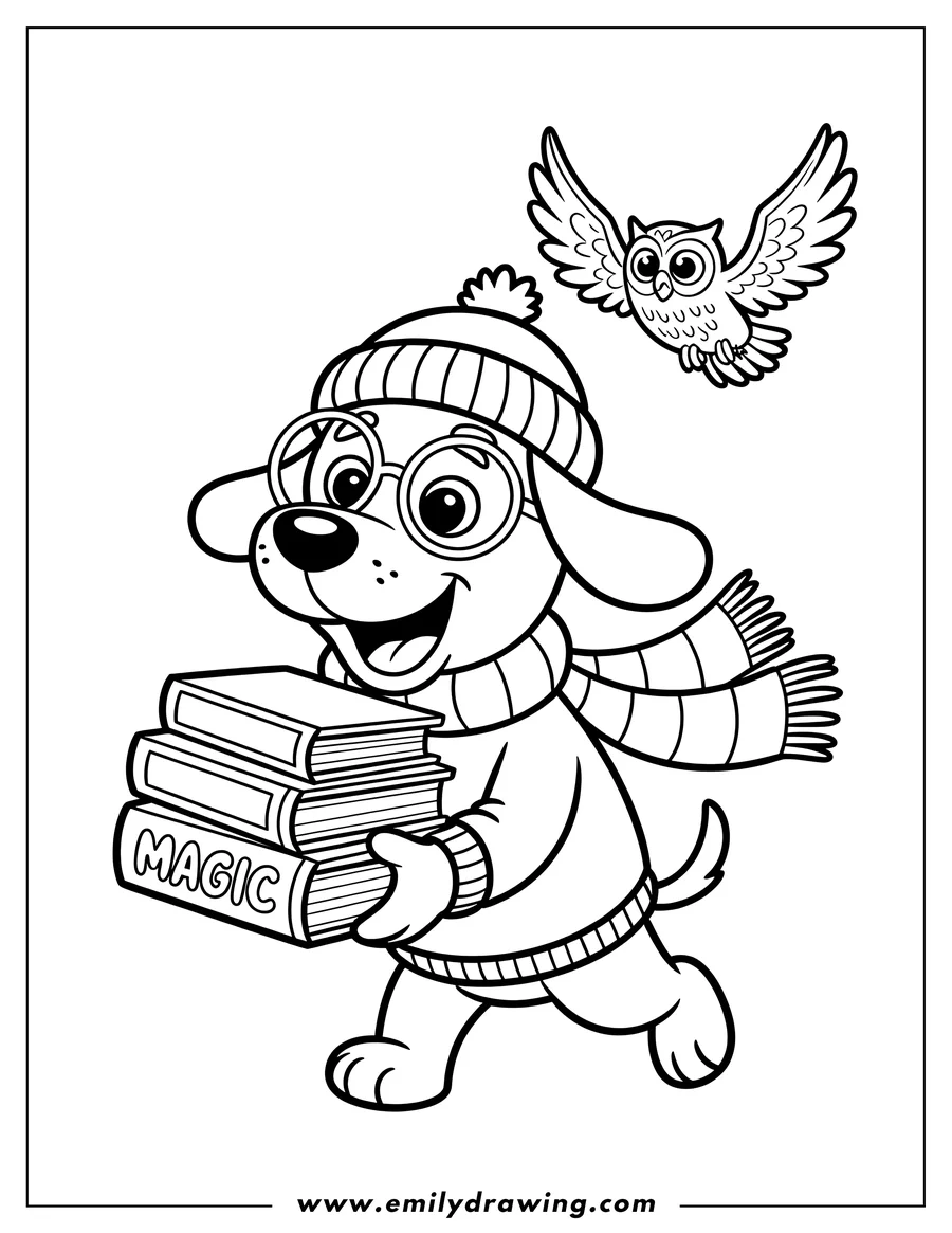 Line art of a dog wearing a winter hat, scarf, and glasses, carrying a stack of books. An owl flies above the dog.