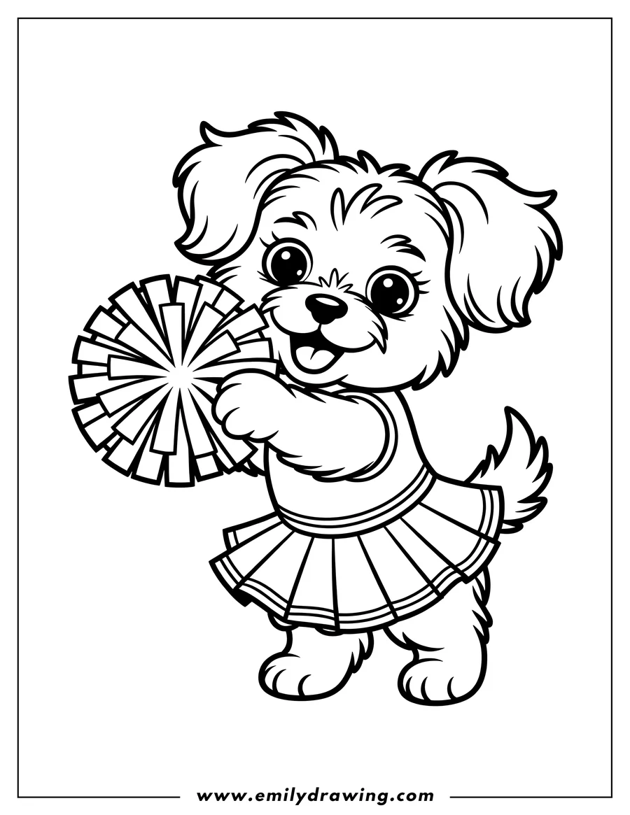 Line art of a cheerful puppy in a cheerleader outfit holding pom-poms.