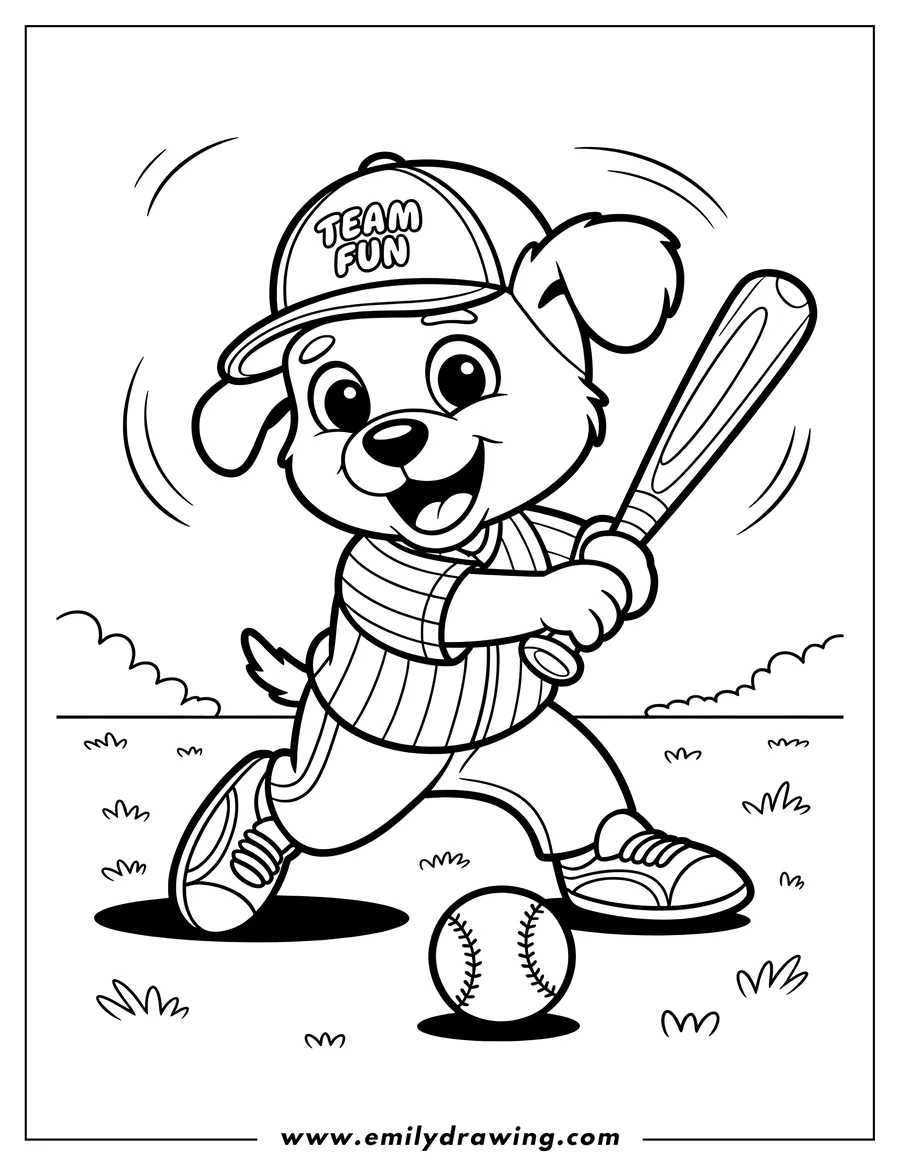 Line art of a cheerful dog playing baseball, swinging a bat at a ball. It's wearing a baseball cap, jersey, and sneakers.