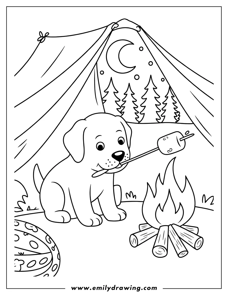 Line art of a dog roasting a marshmallow over a campfire, with a tent in the background.