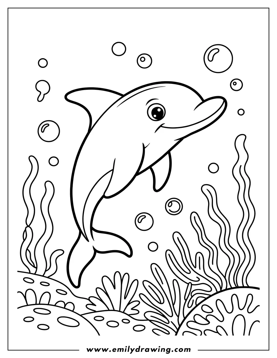 Outline of a playful dolphin swimming underwater amongst coral and seaweed, surrounded by bubbles.
