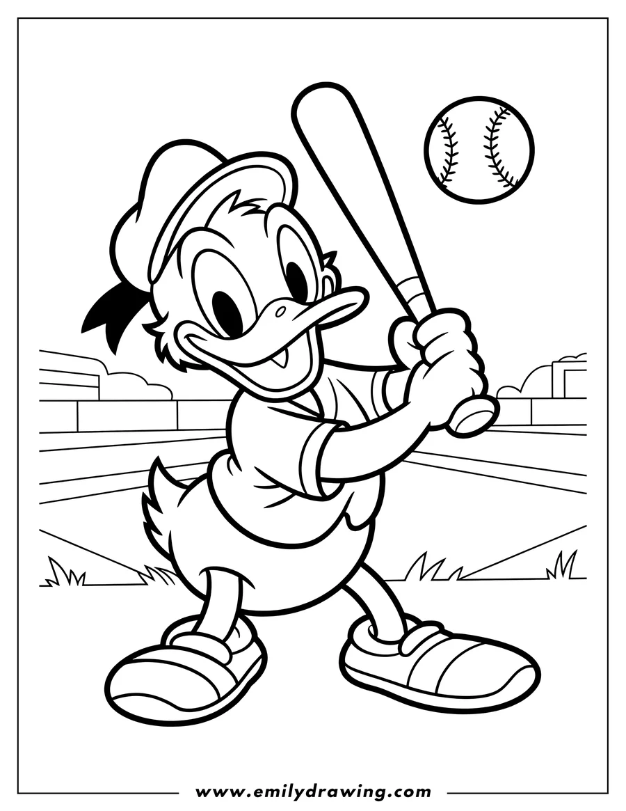 Line art of Donald Duck playing baseball. He is holding a bat and getting ready to swing at the ball on the baseball field.