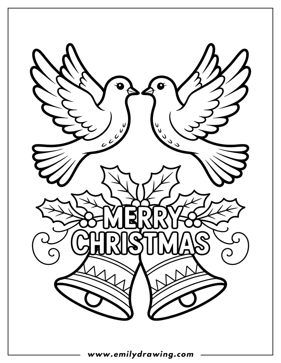 Line art of two doves flying above a pair of bells decorated with holly leaves and berries. The words