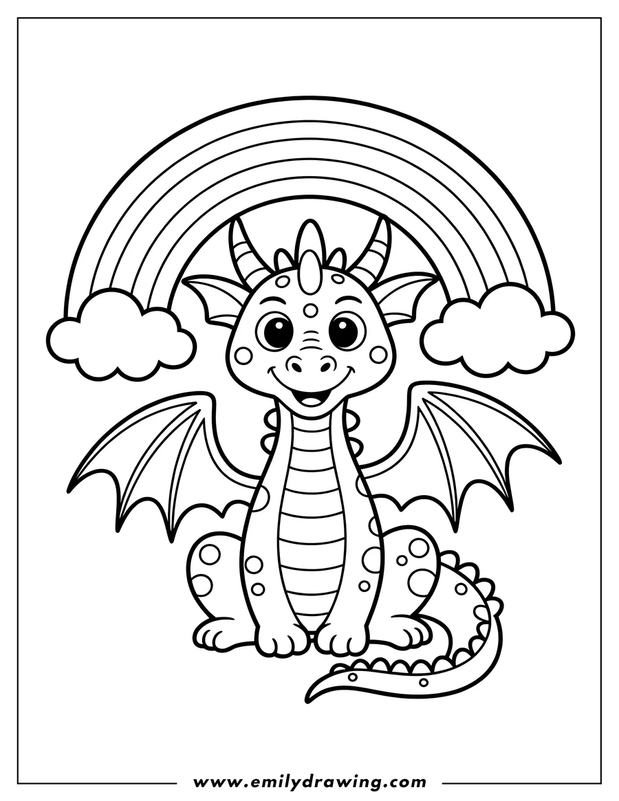 Outline of a friendly dragon sitting beneath a rainbow with fluffy clouds on either side.
