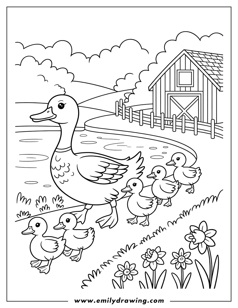 Outline of a mother duck walking with her four ducklings near a pond on a farm. There is a barn and fence in the background.