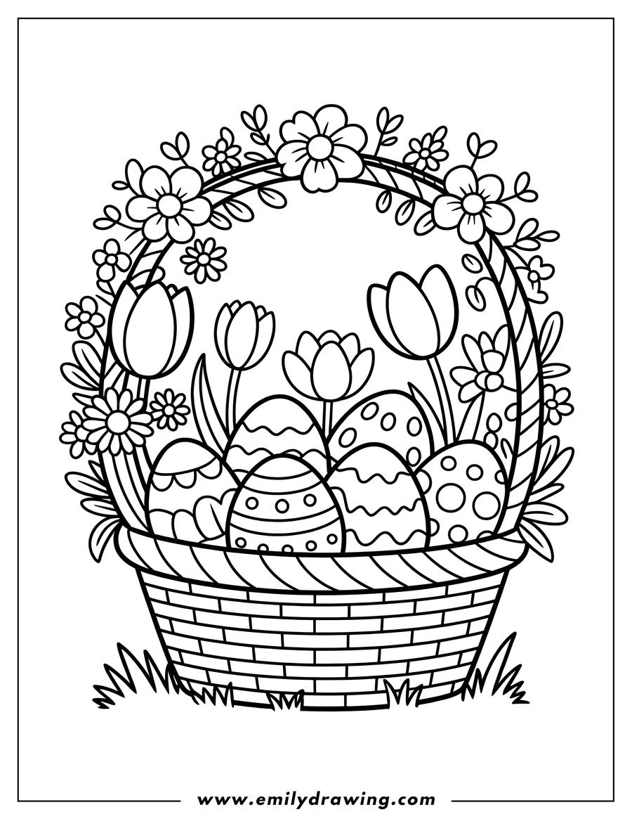 Line art of an Easter basket filled with decorated eggs, tulips, and other spring flowers. The basket sits on a patch of grass.