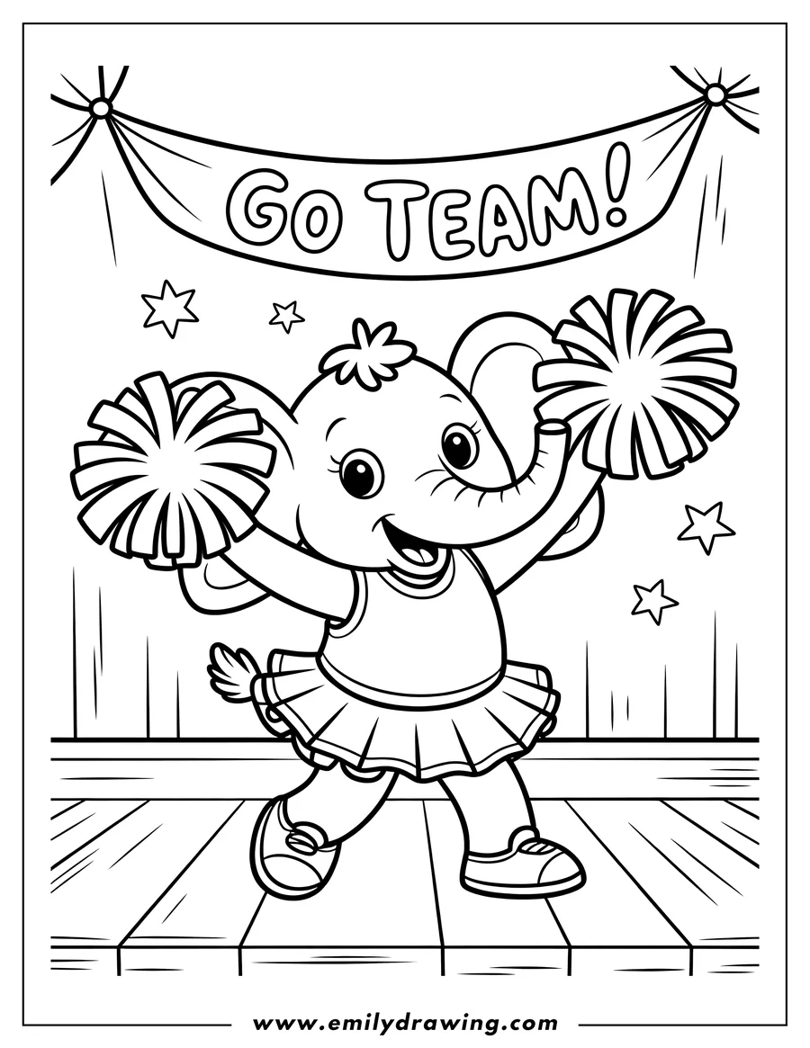 Line art of a cheerful elephant dressed as a cheerleader, holding pom-poms and ready to cheer on stage.