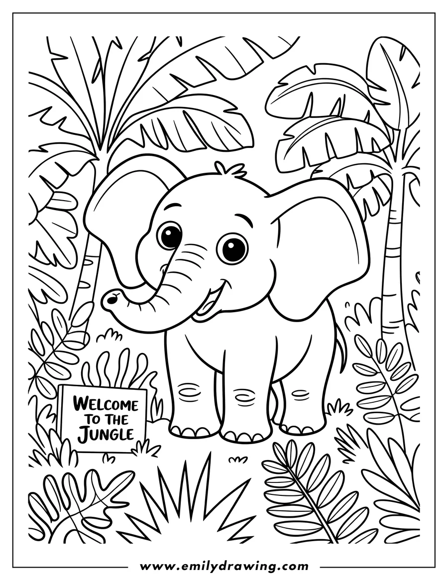 Outline of a baby elephant standing in the jungle, next to a sign that says 'Welcome to the Jungle'