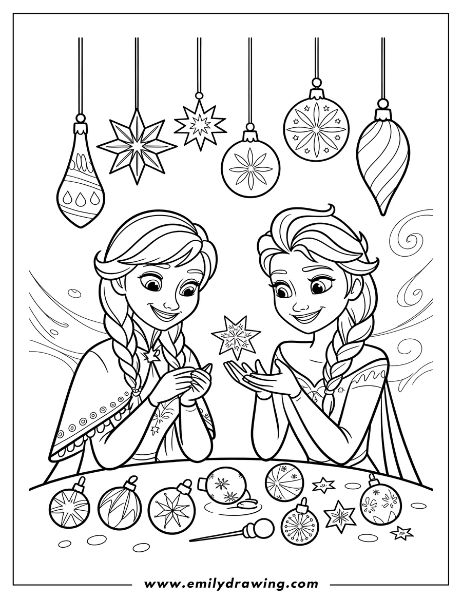 Line art of Elsa and Anna from Frozen with Christmas ornaments. They are holding a snowflake ornament and there are other ornaments on the table in front of them, with more hanging above.