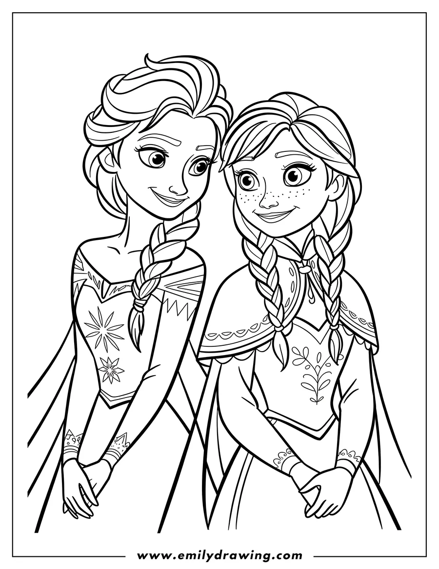 Line art of Elsa and Anna from Frozen.