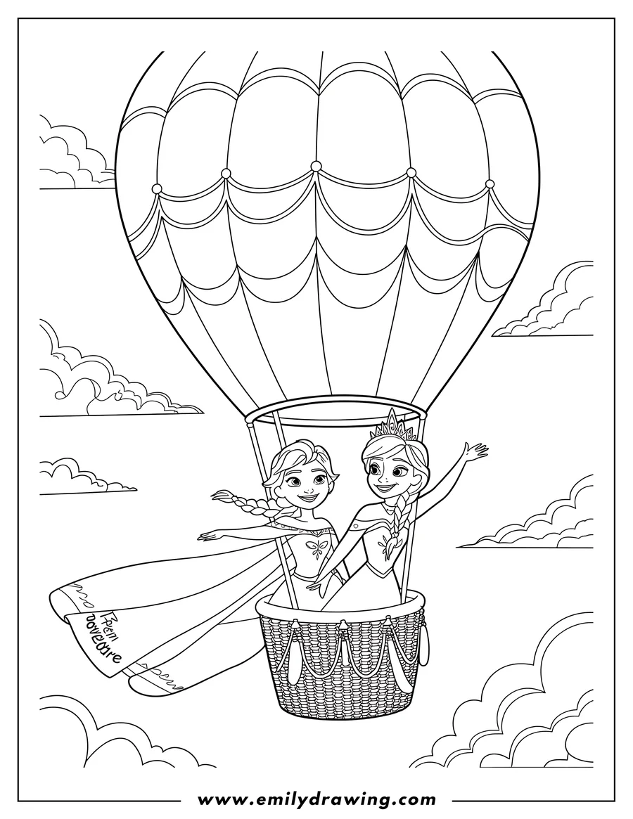 Line art of Elsa and Anna riding in a hot air balloon, waving as they float above the clouds.