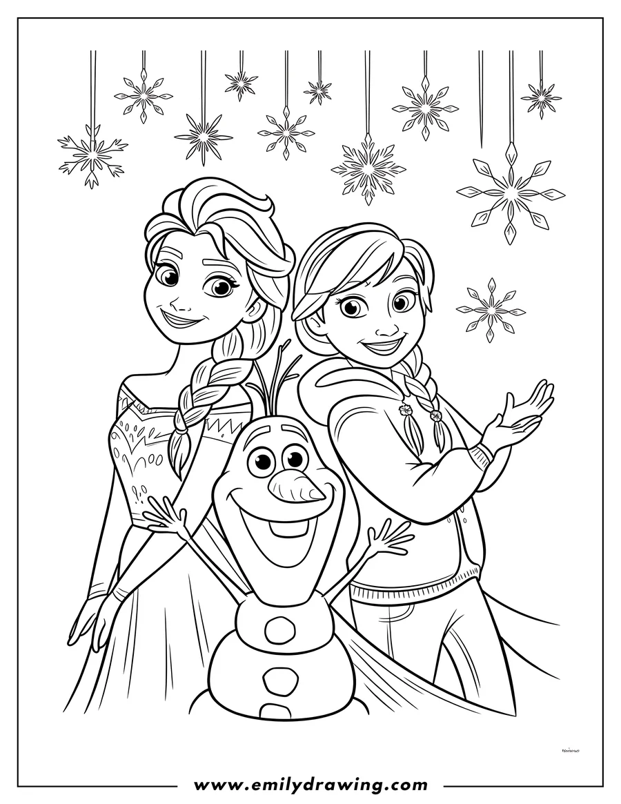 Line art of Elsa, Anna, and Olaf from Frozen. Elsa wears her long gown and signature braid, while Anna wears a jacket. Olaf stands happily between them. Decorative snowflakes hang from the top border.