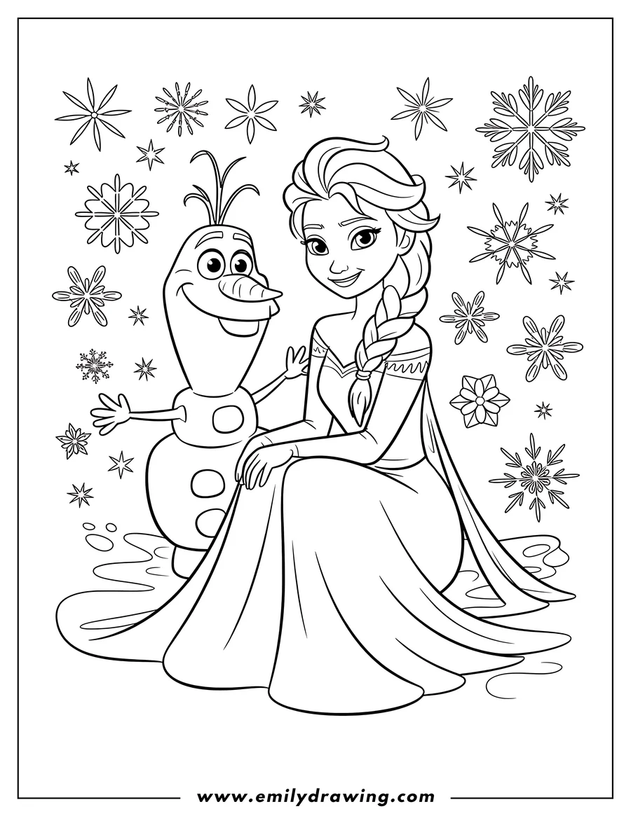 Outline of Elsa and Olaf from Frozen surrounded by snowflakes.