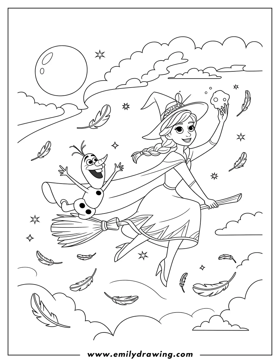 Elsa and Olaf from Frozen, dressed in witch-like attire, flying together on a broomstick against a backdrop of a full moon, clouds, stars, and falling feathers.