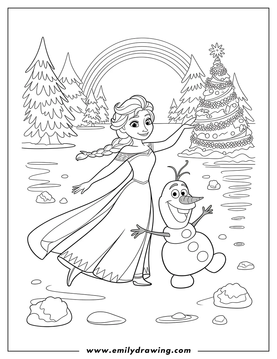 Elsa and Olaf from Frozen stand near a decorated Christmas tree. A rainbow arcs behind them. They are in a winter wonderland with some snow-dusted rocks and trees in the background.