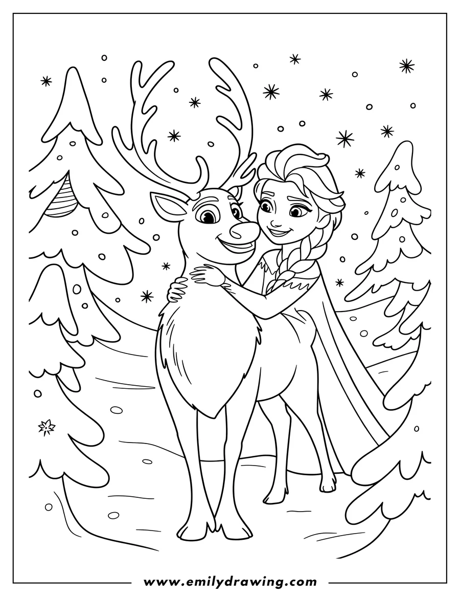 Elsa hugging a reindeer in a snowy forest setting.