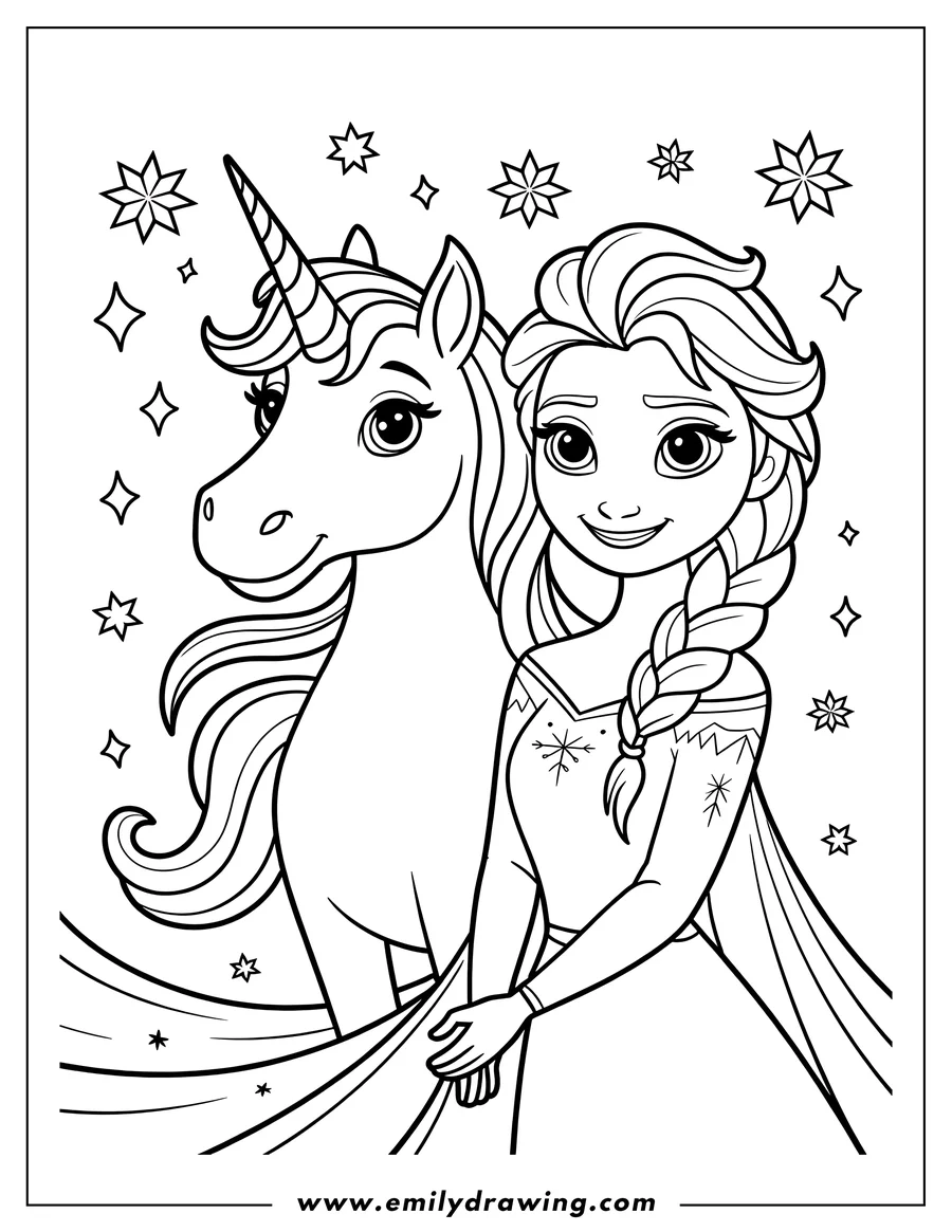 Elsa with a unicorn and surrounded by stars