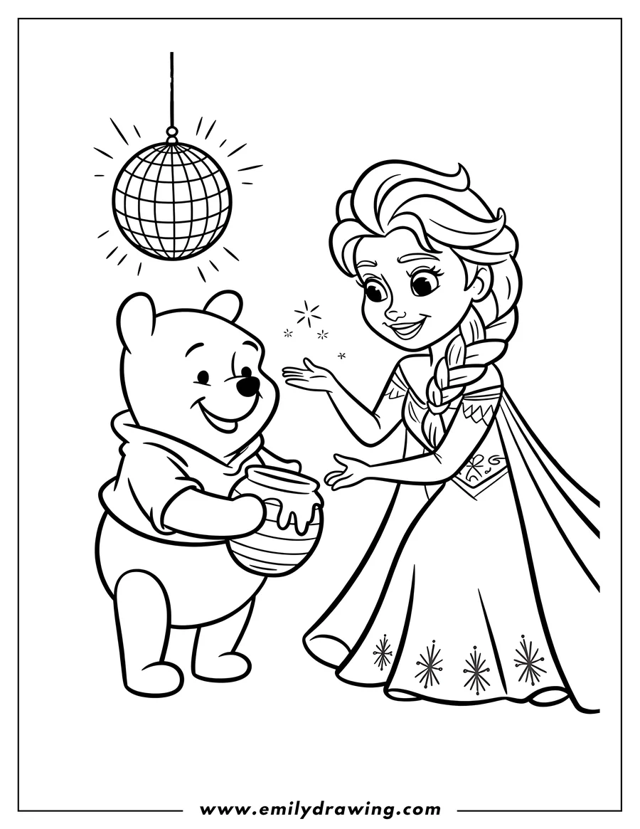 Line art of Elsa and Winnie the Pooh. Winnie the Pooh is holding a honey pot, and Elsa has her hand outstretched.
