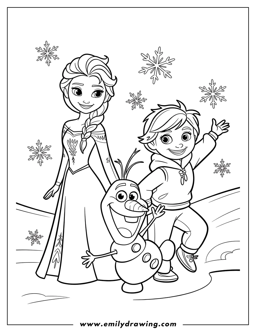 Line art of Elsa, Anna, and Olaf from Frozen standing in the snow with snowflakes falling around them.